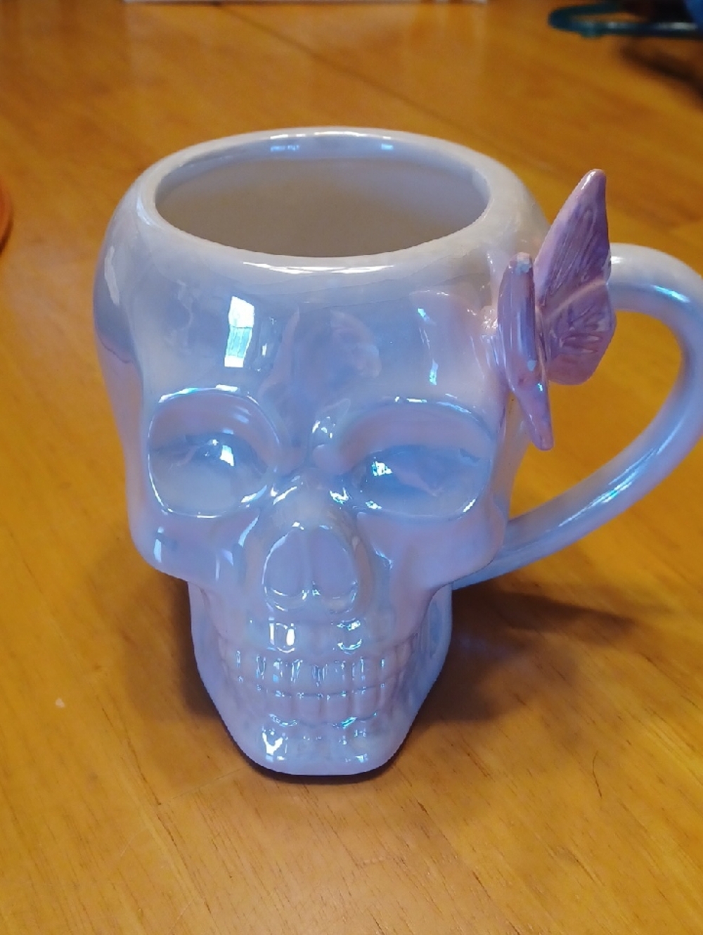 Cobwebs & Cauldrons Iridescent Skull Mug with Pink Butterfly Accent NWT